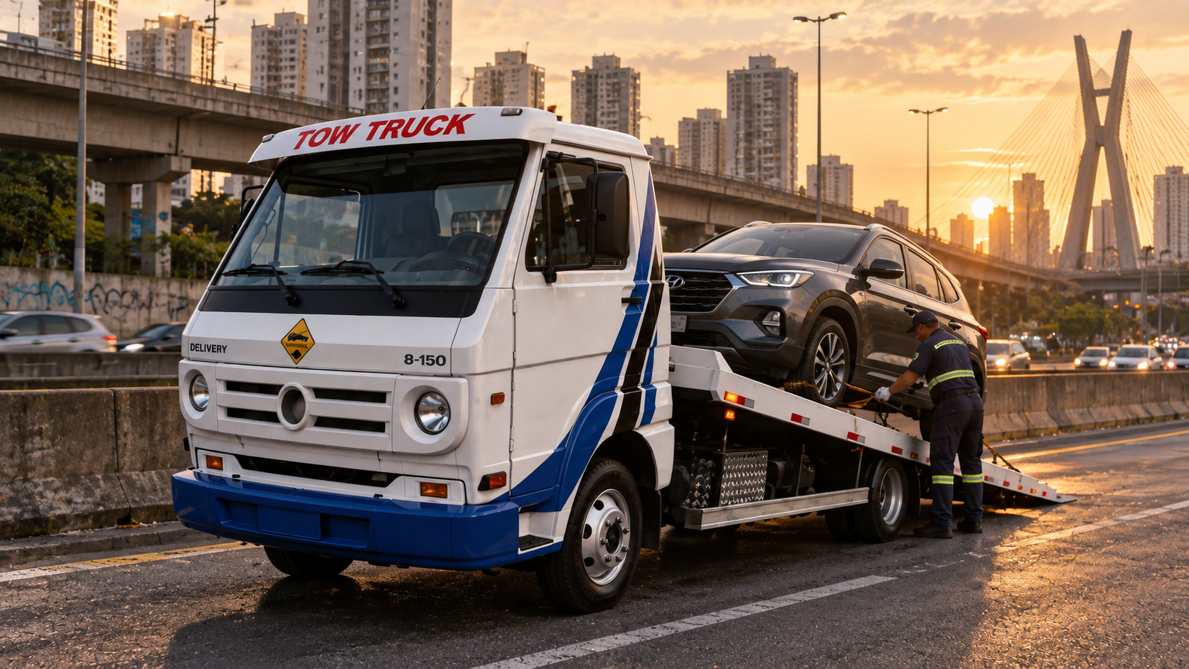 Guincho Tow Truck com um SUV na plataforma e operador prendendo o veículo em São Paulo