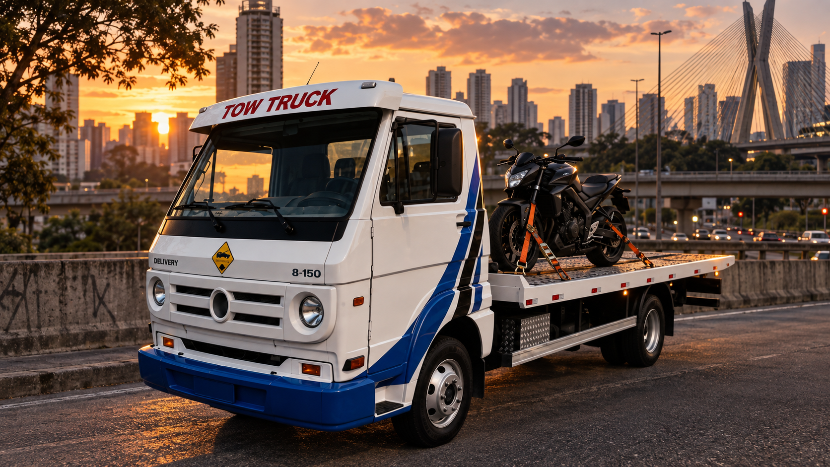 Moto presa com cintas na plataforma do guincho Tow Truck ao pôr do sol em São Paulo