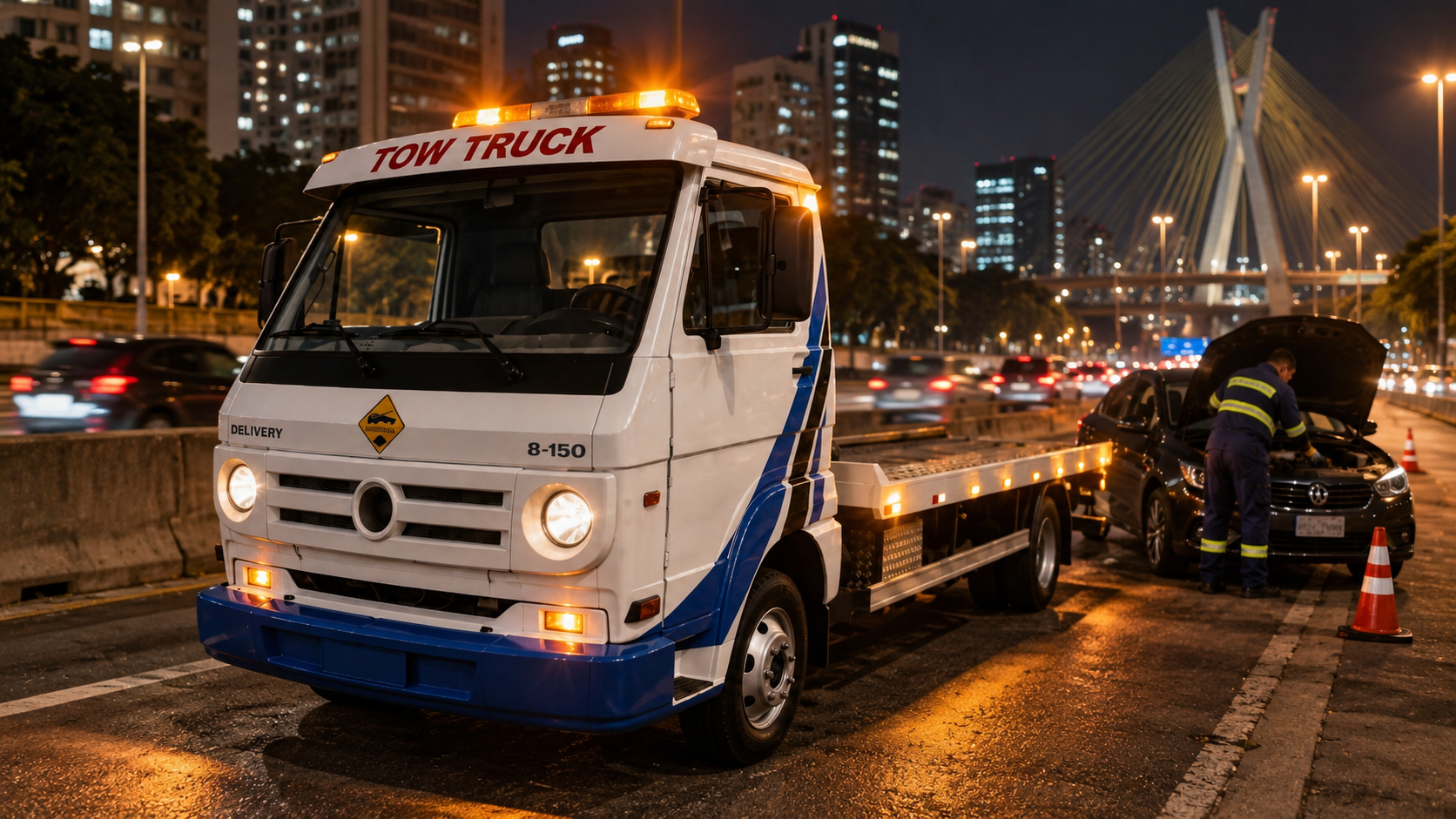 Guincho Tow Truck e operador prestando assistência a um carro à noite em São Paulo